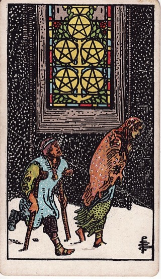Five of Pentacles tarot card (Rider-Waite)