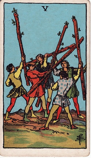 Five of Wands tarot card (Rider-Waite)