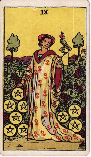 Nine of Pentacles tarot card (Rider-Waite)