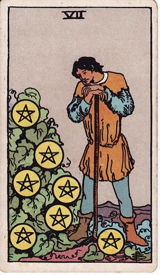 Seven of Pentacles tarot card (Rider-Waite)