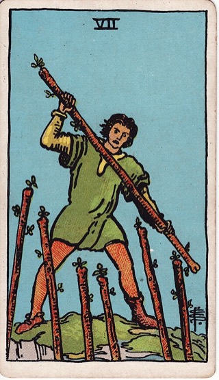 Seven of Wands tarot card (Rider-Waite)