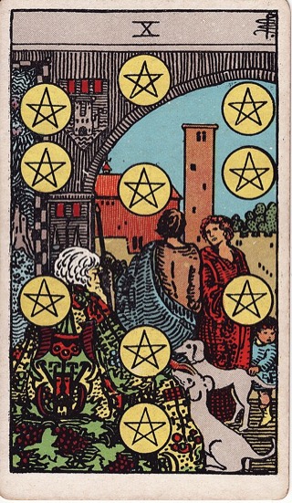 Ten of Pentacles tarot card (Rider-Waite)