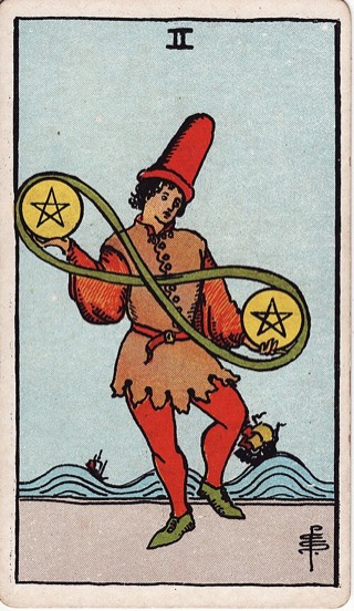 Two of Pentacles tarot card (Rider-Waite)